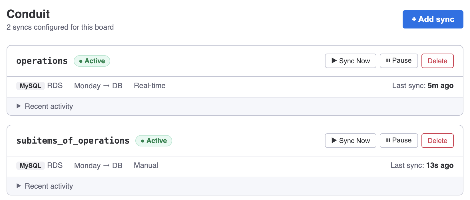 The board view displaying two active sync configuration cards