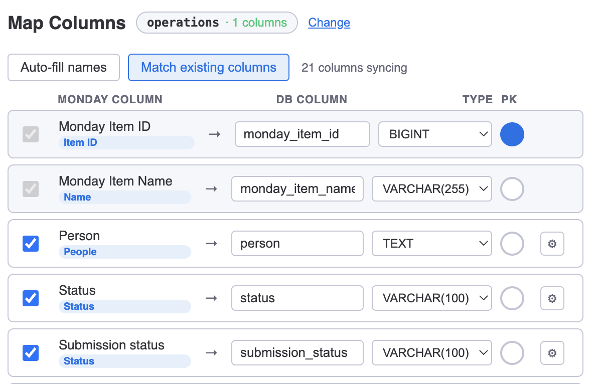 The full column mapping grid with several columns mapped