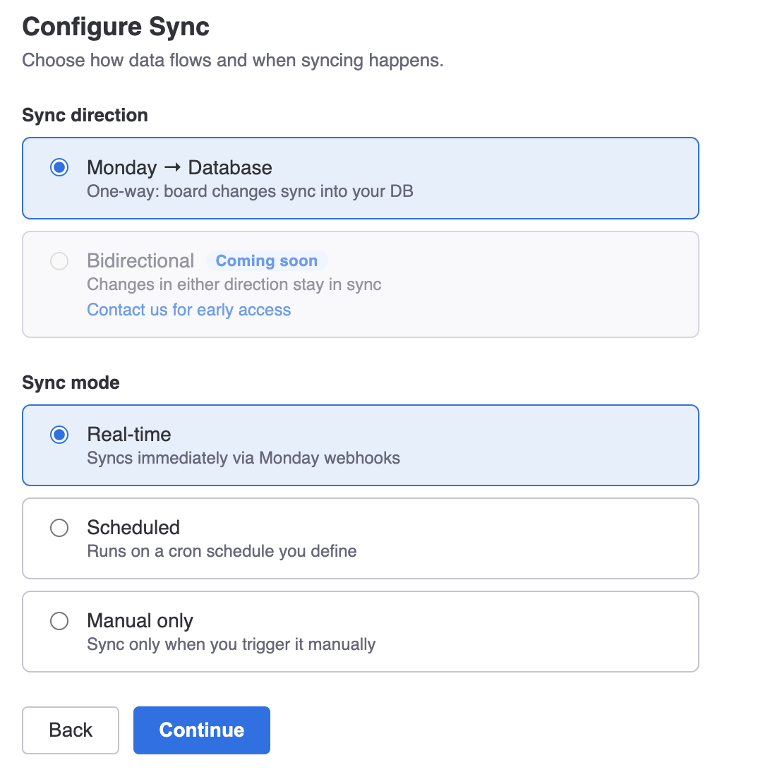 The Configure Sync step showing direction, mode, and frequency options