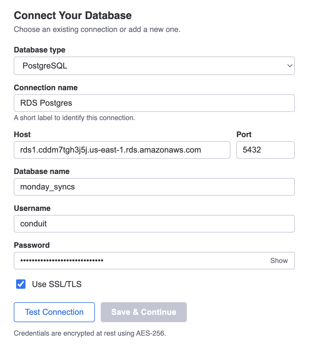 The Connect Database form showing host, port, and credential fields