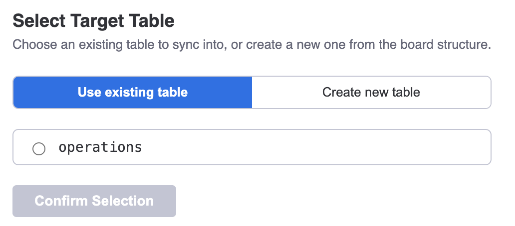 The table picker showing existing tables and a "Create new" option