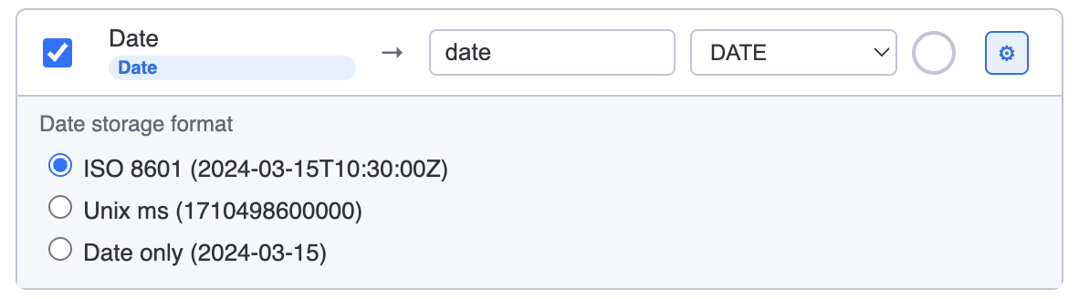 The date transform editor showing three format options