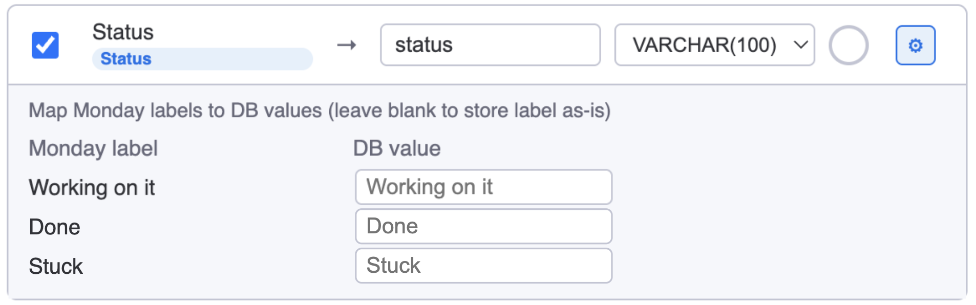 The transform editor open for a Status column, showing label-to-value mapping
